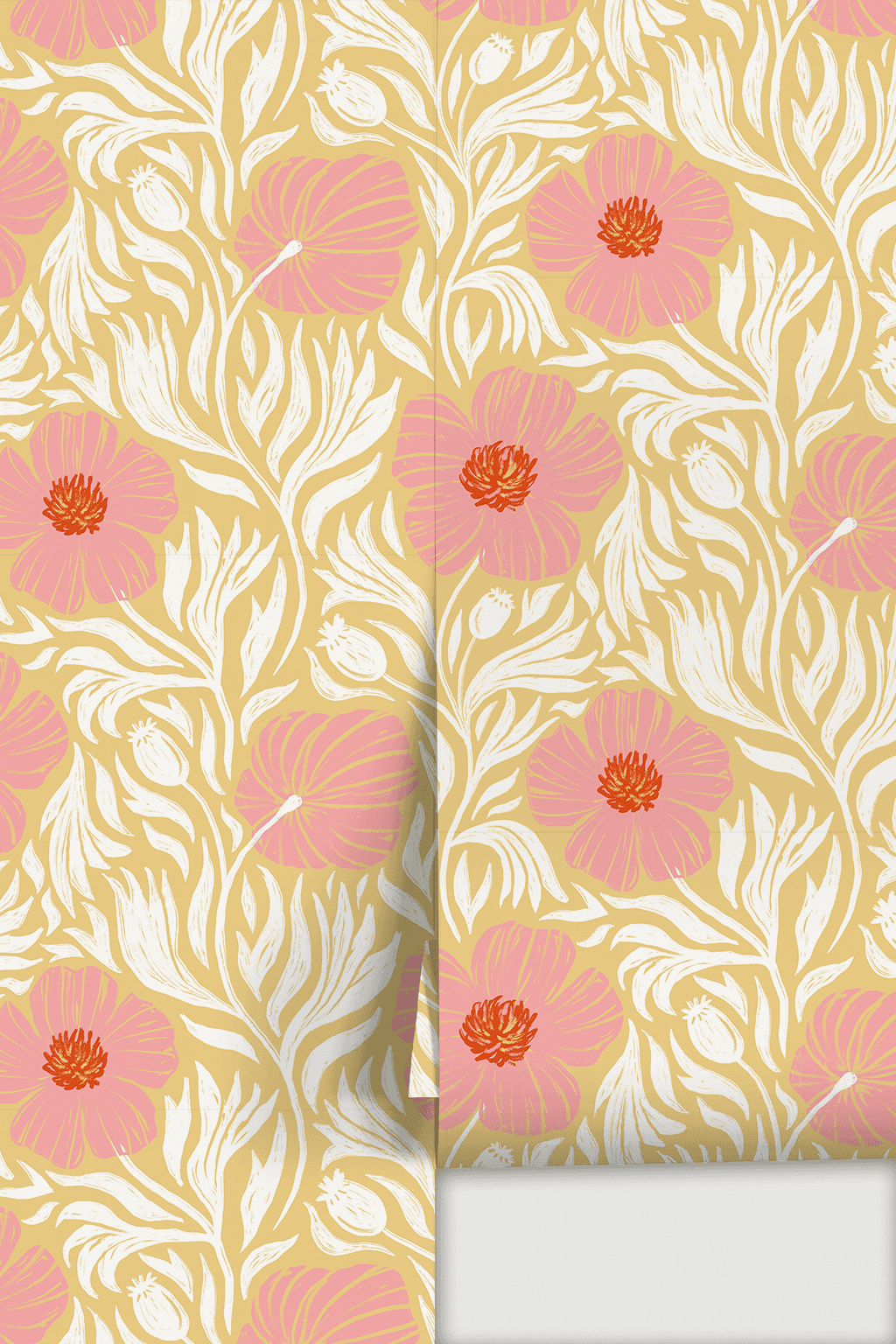 Matilija Wallpaper, butter yellow, pink and white