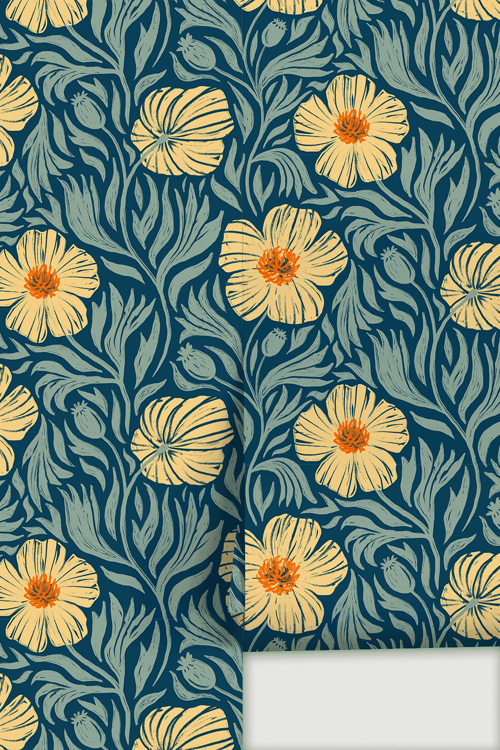 Matilija Wallpaper, navy, orange and mint