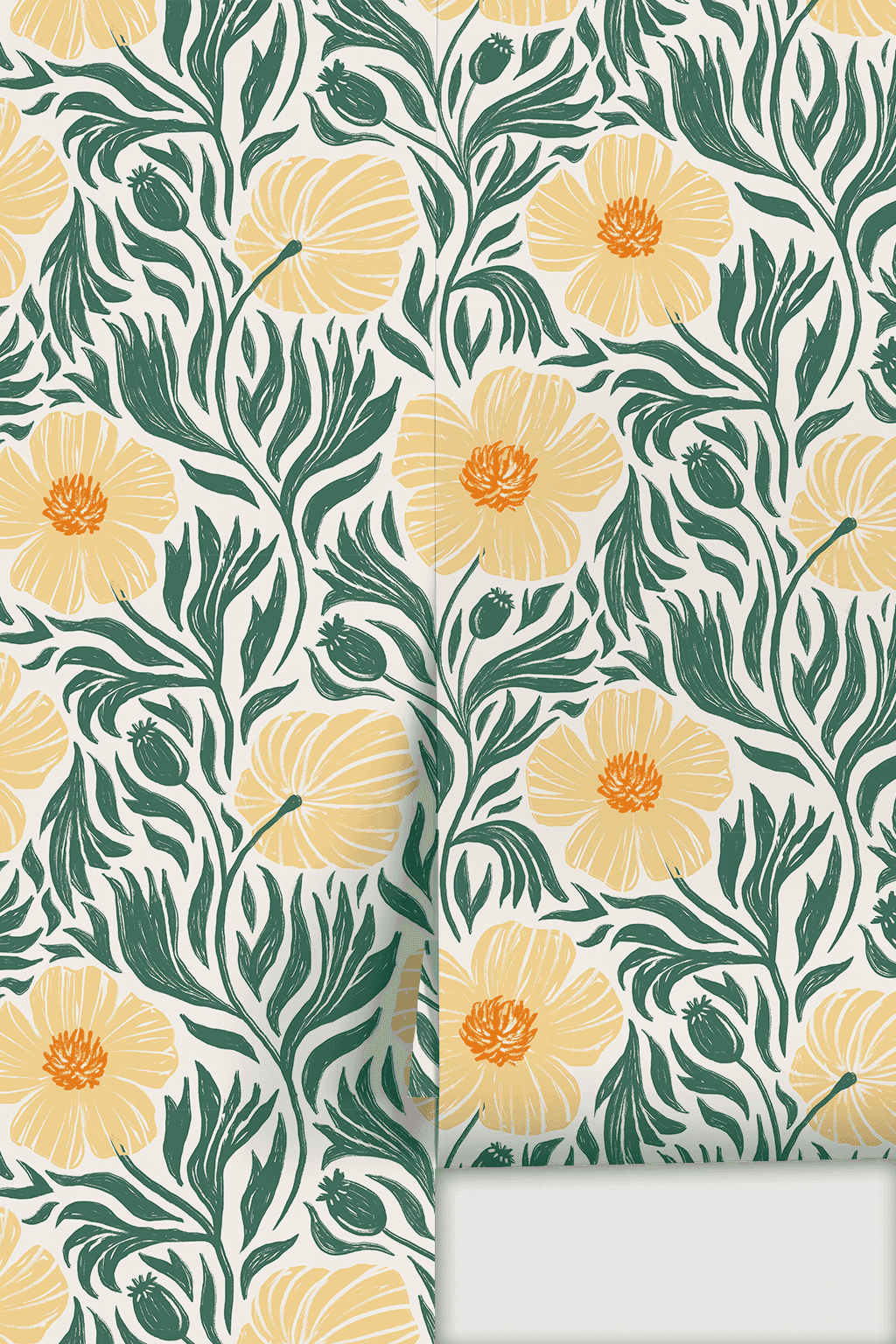 Matilija Wallpaper, white, teal and peach