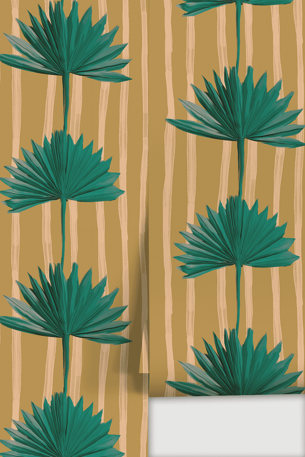 Stripey Palm Wallpaper, mustard and teal