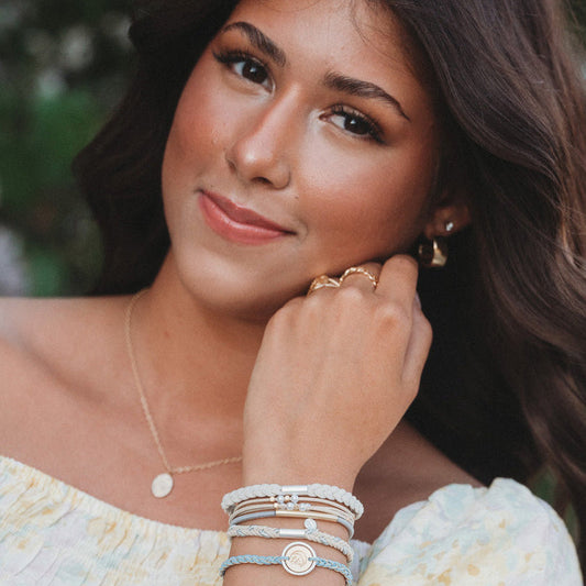 "Wonder" Soft Creams & Blues with Pearls & Gold Hair Tie Bracelets