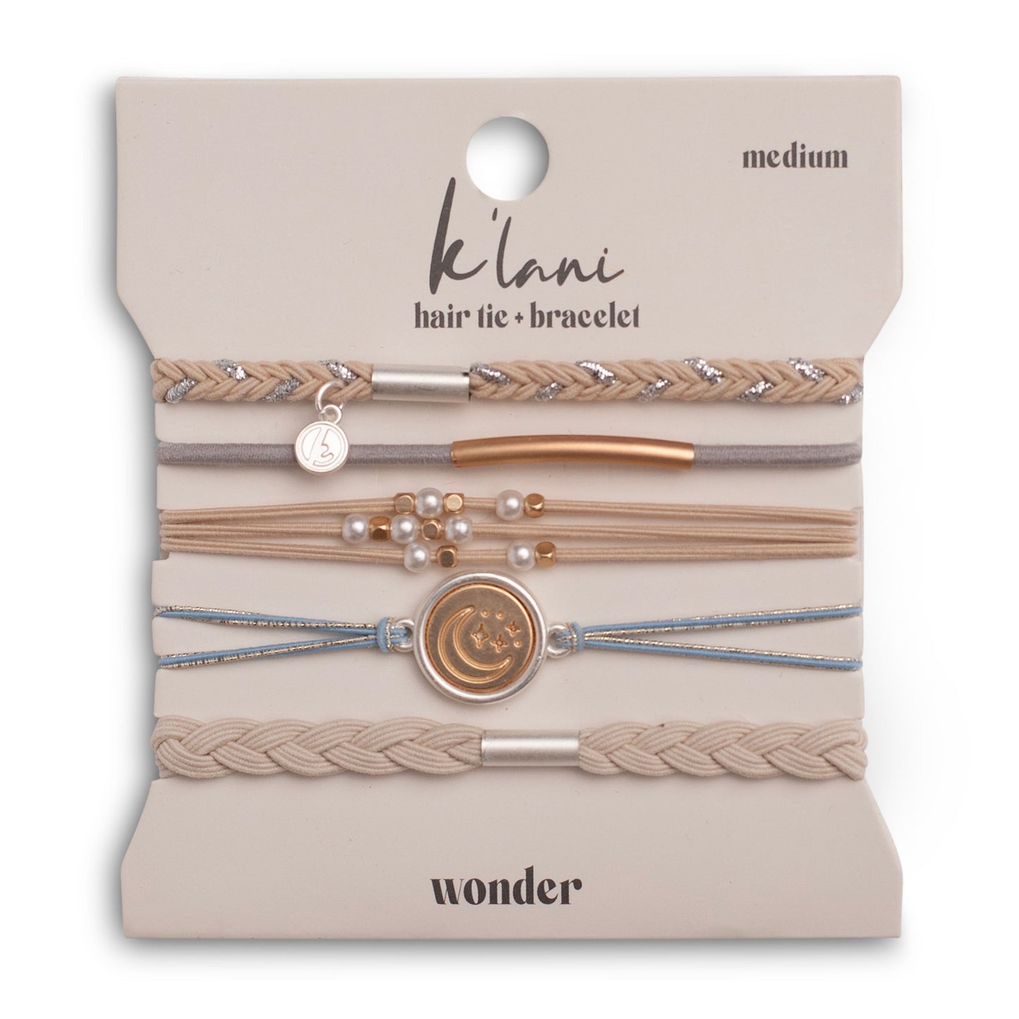 "Wonder" Soft Creams & Blues with Pearls & Gold Hair Tie Bracelets
