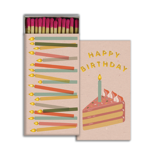 A quintessential article of daily use, our Birthday Wishes Match Boxes include a graphic illustration of a sweet slice of cake on one side and candles on the other with coordinating match tips. Pair with our Range candles to send your birthday wishes and always have on-hand to light those birthday candles. Safety matches, 50 sticks per box Measures: 4.5" x 2.25"