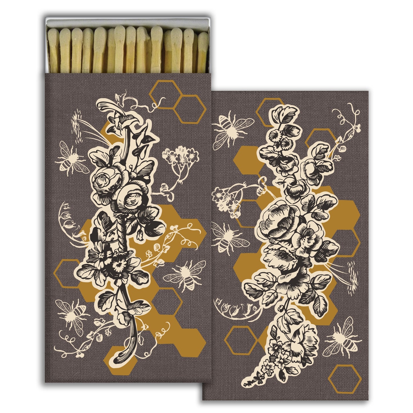 A quintessential article of daily use, our Bee Bouquet Match Boxes feature illustrated flowers, bees and honeycombs with coordinating match tips. Sweet as a hostess gift, a perfect pairing to our Range candles and always an eye catching pop of graphic decor. Safety matches, 50 sticks per box Measures: 4.5" x 2.25"