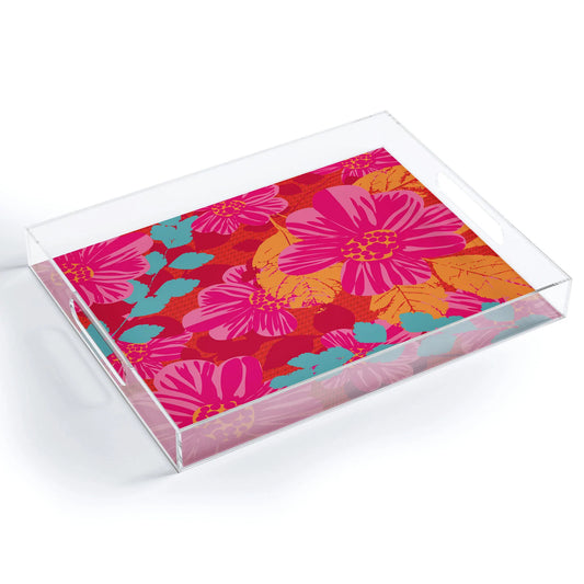 Smoldering Rosy Blooms Acrylic Tray - Medium w/Handles